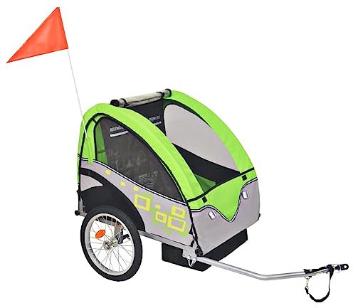AUVYI Fahrradanhänger Lastenanhänger Kinderanhänger Jogger Fahrrad 2 in 1 Joggerfunktion mit 5-Punkt Sicherheitsgurt für 1 Bis 2 Kinder Geeignet Robuste und Langlebige Grau und Grün 137x77x87 cm