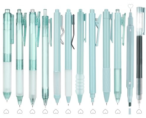 Maxmoc 12 Stück Gelstifte Set, 11 Gelschreiber Schwarz mit 1 Textmarker, Aesthetic Gel Pen 0,5 mm Feine Spitze für Tagebuch, Notizen, Schule, Büro Gel Stift (Grün)