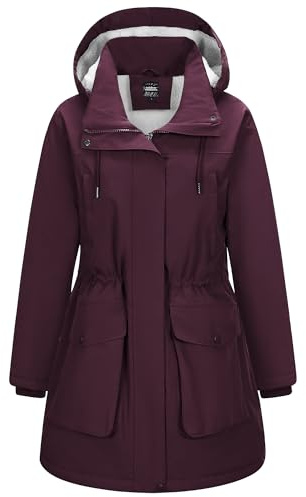 Outdoor Ventures Women's Waterproof Coat with Hood Long Winter Windproof Parka Jacket Ladies Thicken Warm Windbreaker Outdoors Raincoat for Hiking Traveling Walking Wine L