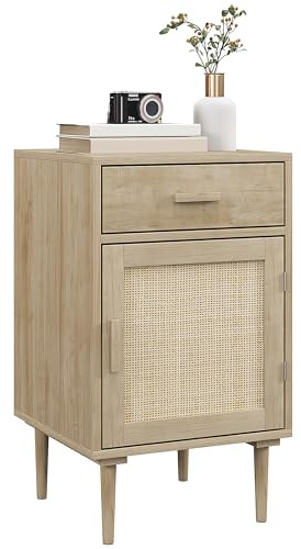 HOMCOM Boho Style Bedside Table, Rattan Side Table with Drawer, 2-Tier Cabinet and Adjustable Shelf, Nightstand with Storage for Bedroom, Natural Wood Effect