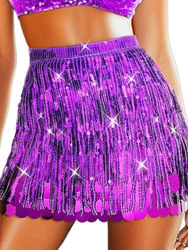 Jovono Purple Sequin Sparkly Skirt Dance Costume Fringe Belly Hip Scarf for Women (UK, Alpha, One Size, Regular, Regular, Standard, Purple)