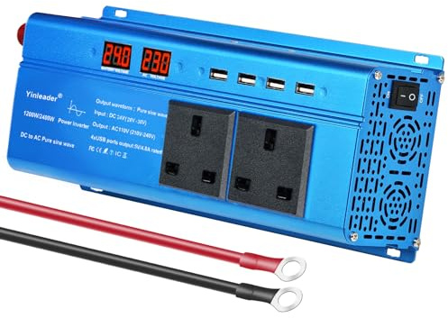 Yinleader 1200W Pure Sine Wave Truck Inverter 24V to 230V, 2 UK Sockets | 2400W Peak. Smart LCD & 4 USB. Heavy duty power converter designed strictly for 24V Lorry, HGV, Truck & Boat
