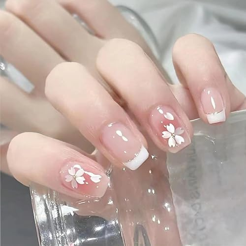 Short Square Press On Nails, Floral French Tip False Nails, 24-Piece Set | Full-Cover Acrylic Stick-On Manicure, Transparent Pink Base, Assorted Sizes, Accessory Tool, For Home And Social Occasions