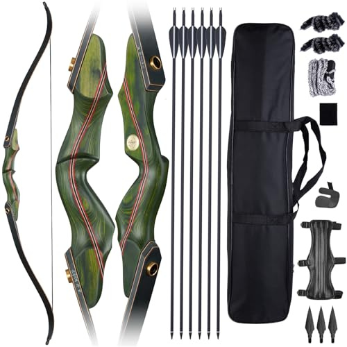 GQT Archery 60 Recurve Bow and Arrow Set for Adults, 30-50lbs Right Hand Wooden Hunting Bow for Outdoor, Hunting and Practice, Standard Target Archery Beginner Recurve Bow and Arrows Kit (30lbs)