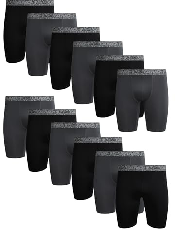 AND1 Mens Boxer Briefs - 12 Pack Platinum Performance Long Leg Boxer Briefs with Pouch - Boxers for Men, 9 Inseam (S-3XL), Size Large, Jet Black/Grey