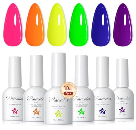 PEACECOLOR Neon Gel Nail Polish, 10ML 6 Colors Hot Pink Orange Yellow Purple Green Blue Gel Polish Kit, Fluorescent Nail Art Home DIY Manicure Gifts for Women