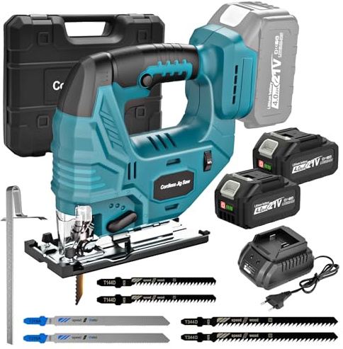 Yofuly Seghetto Alternativo a Batteria per Maa-kita 18V Batteria, Seghetto Elettrico per Legno con 2 Batterie da 4,0 Ah,7 Velocità Variabili 3200 SPM ±45° Angolo di Taglio,6 Lame per Legno/Plastica