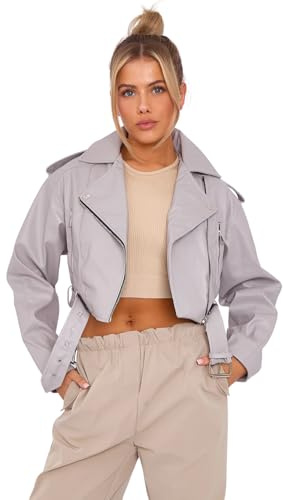 kraftd Women Faux Leather Jacket Short Coat Outerwear Long Sleeve Zipper Cropped Biker Jacket with Belt Comfortable & Stylish Coats Luxury Clothing Cropped Leather Motorcycle Jackets (Grey, XS)
