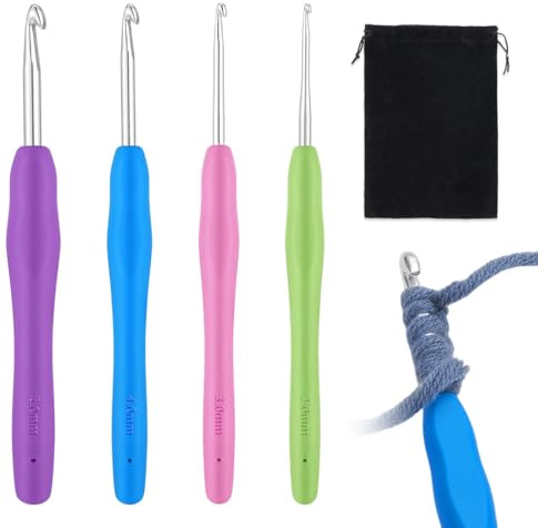 YUVKIN Set di 4 Pezzi Uncinetti Ergonomici in Metallo, Manico Morbido, Aghi di Crochet con Custodia, Kit per Ferri da Maglia e Uncinetto (13.5 cm Extra Lungo) (2/3/4/5 mm)