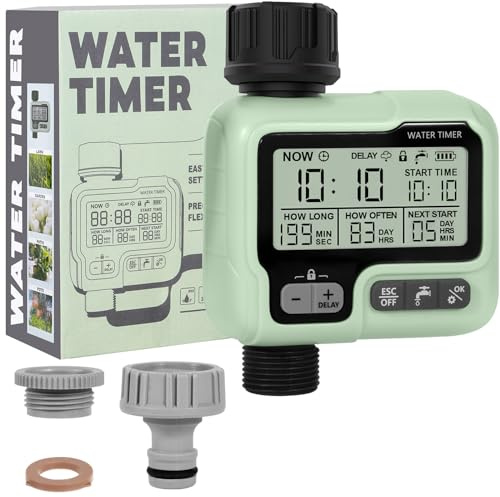 JUQG Temporizadores para Mangueras, Temporizador de Riego Automático, Temporizador de Riego de Jardín con Pantalla LCD, Modo de Bloqueo para Niños/Riego Retrasado por Lluvia/IPX5 Resistente al Agua