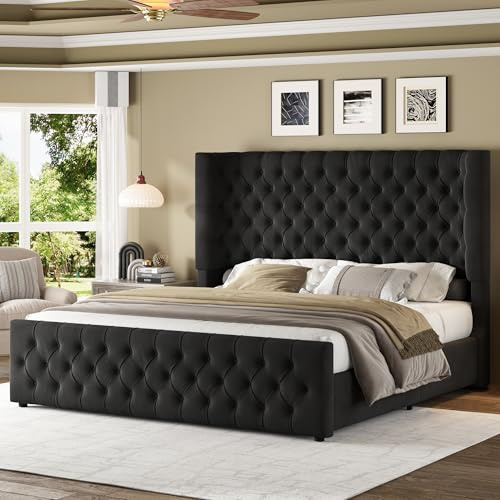 Jocisland Queen Size Platform Bed Frame, 6.3 Thick Upholstered Curved Wingback Headboard and Footboard with Deep Button Tufted, Easy Assembly, No Box Spring Needed, Black Velvet