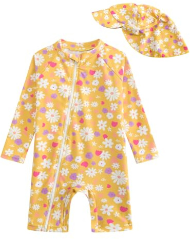 DivingBirds Bañador de bebé para niña de manga larga, Bañador de una pieza para bebé con cremallera oblicua y capucha, flores, 9-12 meses