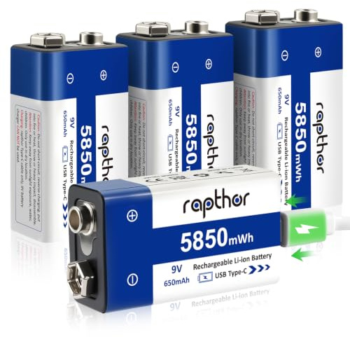 rapthor 9 V 650 mAh litiumbatteri, 5 850 mWh 9 volt uppladdningsbart blockbatteri (4-pack), USB-C snabbladdning, för rökdetektorer, CO-detektor, brandlarm, multimeter och elektronik