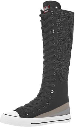 ANUFER Niña Mujer Rodilla Alta Botas de Lona con Cordones Cremallera Plano Zapatos Deportivos F888 Negro EU36