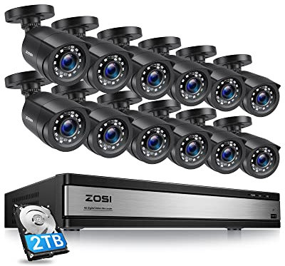 ZOSI 1080P H.265+ Kit Caméra de Surveillance, 16CH DVR avec 2MP 12pcs Caméra de Sécurité, Disque Dur Intégré de 2 to, Détection de Mouvement et Alerte Instantanée, Accès à Distance