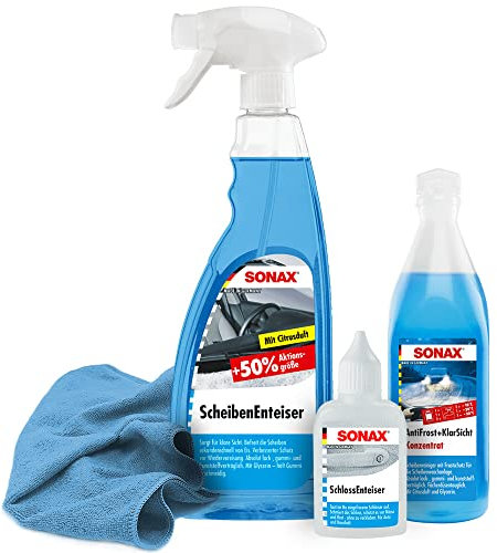 detailzone Auto Winterset 4-teilig SONAX Scheibenenteiser, Schlossenteiser, AntriFrost + KlarSich Konzentrat -30°C, Mikrofasertuch - hochwertige Autopflege für die kalte Jahreszeit