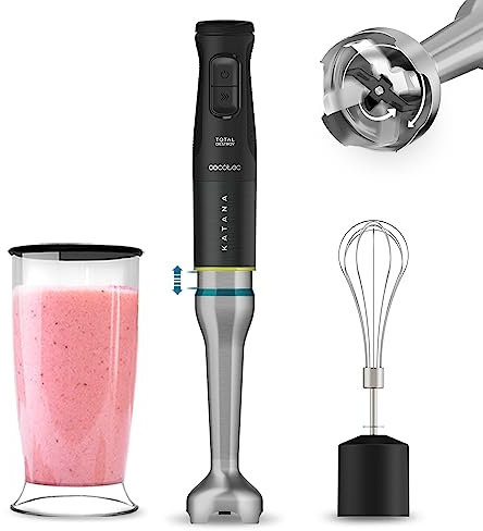 Cecotec Batidora de Mano Katana 15 TotalDestroy Cream B. 1500 W, 21 Velocidades y Turbo, Dobles cuchillas, 4 hojas con Titanio Negro, Campana antisalpicaduras, Pie extralargo, Kit Accesorios