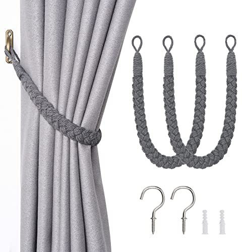 Pretty Jolly 2 Pack Natural Cotton Rope Curtain Tiebacks Elegant Boho Style Decorative Drape Tie Backs Soft Hand-Woven Rope Curtain Holdbacks with Metal Hook for Home & Office Drapery (Dark Grey)