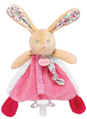 BABY NAT Kuscheltier Hase, Schnullerbefestigung, 22 cm, Rosa, mit Schnullerkette – Kuscheltier mit Ohren und Bändern bedruckt mit Blumen – Geschenkidee zur Geburt Mädchen – BN0610