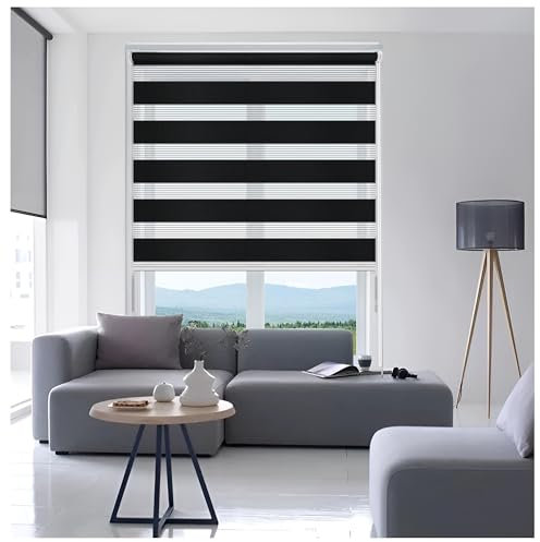 Ruby Deals Zebra Roller Blind Dual Layer Fabric Windows Blinds Window Roller no Drilling/Drilling Black Zebra Blinds Day and Night W 64 x H165cm