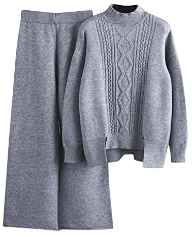 YCBMINGCAN Conjunto de punto para mujer para otoño e invierno, traje de punto, cuello alto, jersey, pantalones largos, traje de esquí de dos piezas para mujer (gris A, talla única)