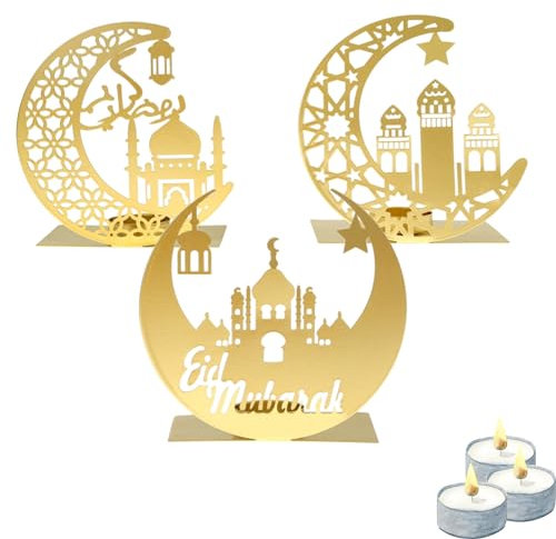 Flanacom Ramadan Kareem Dekoration Gold Eid Mubarak Tischdeko Orientalische Deko Teelichthalter 15 x 15 cm für Kerzen, Hochzeit, Weihnachten, Balkon, Garten (3er Set)