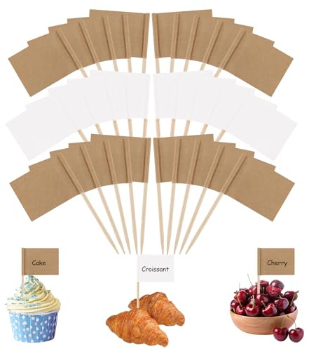Tandpetare flaggor, 300 stycken, brun vit, kraftpapper | Flaggor för märkning och cupcake-flaggor, cupcake-toppers, partytårta, för matostfat