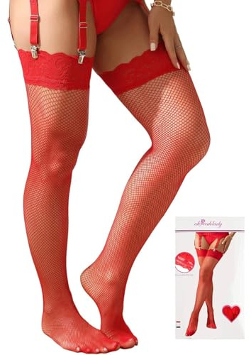 ohyeahlady Women Fishnet Stockings Plus Size Hold Up Thigh High Stockings Lace Top Anti-skid Stocking,Box Package Red L-2XL