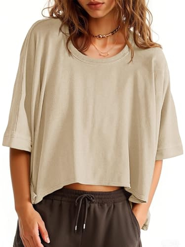 Tankaneo Womens Oversized T-Shirts Cropped Summer Casual Short Sleeve Loose Fit Tee Tops Khaki