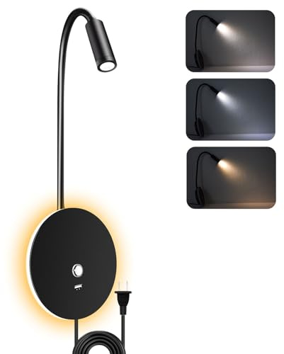 ERAY Wall Mounted Reading Light, Book Light for Reading with 3 Dimmable Color Temperatures, Flexible Gooceneck, Eye Caring, Plug in Bedside Lamp for Bedroom, 360° Rotation Headboard Light