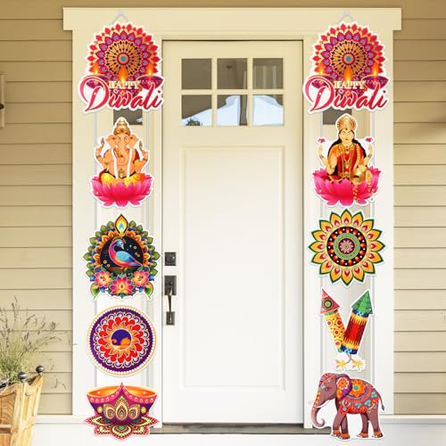 Haishell 10 st Happy Diwali dörrskylt hängande välkomstplakat veranda banderoller med rep indisk ljusfestival Deepavali tema ytterdörr vägg veranda dekorationer för hem trädgård festtillbehör
