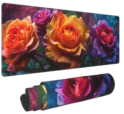 Dooqon Mouse Pad Gaming Desk Pad XXL 900x400x3mm Large Washable Mouse Mat with Stitched Edges Keyboard Colorful Roses Mousepads Non-slip Water-Resistant Rubber Base Desk Mat, for Office & Home Q-69
