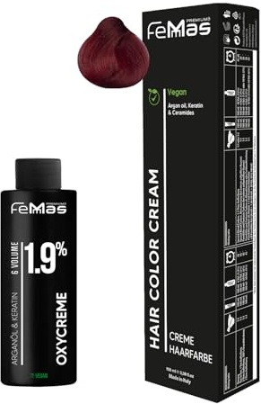 Femmas Haarfarbe Set Rot I Hair Color Cream 100ml + Oxycreme 100ml 1,9% I Permanente Haar-Coloration + Entwickler I Schonend & langanhaltend I Salon-Haarfarbe für Zuhause