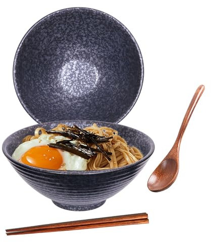 Ceraozmus 1200 ml Keramik-Ramenschalen,20 cm große japanische Nudelsuppenschüssel,übereinstimmen Essstäbchen und Löffeln,Geeignet für Pho，Udon asiatische Nudeln (Schwarz)