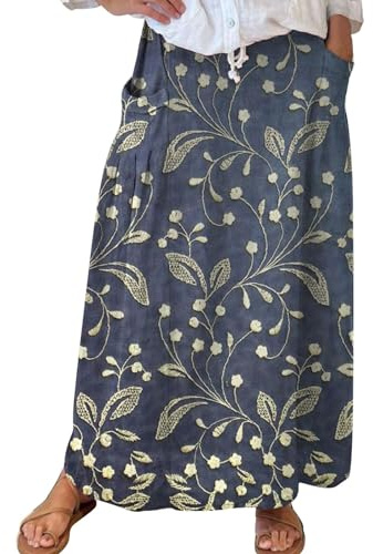 Kvinnors blommiga midi-kjolar för Storbritannien långa linnekjolar för UK A Line kort kjol retrokjol bohokjol med fickor ledig kjol elastisk midja långa sommarkjolar askion kläder, Mörkblått, XL