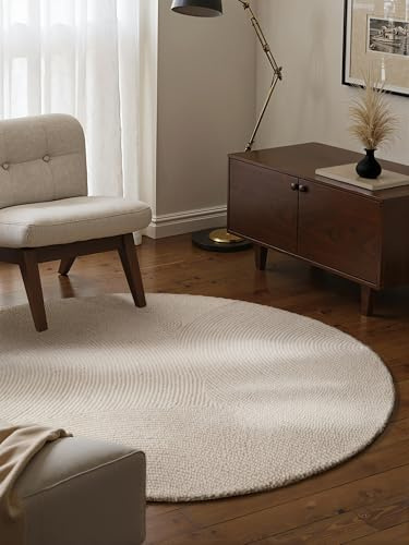 Hanse Home Wollteppich Calmio - Natur Wohnzimmerteppich Rund - Handgetuftet - Hygge Skandi, Boho Teppich Wolle für Wohnzimmer, Schlafzimmer, Esszimmer, Flur - Natur Weiß, Ø150cm