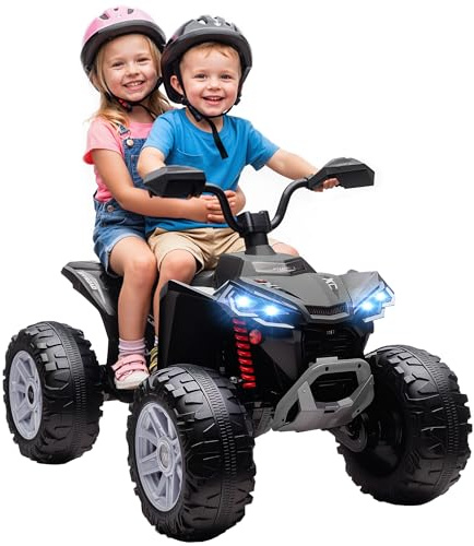 AIYAPLAY Quad elettrico bambino 24 V, auto elettrica bambini ATV, doppio motore, velocità 4-6,5 km/h, fari, porta USB e MP3, 4 ruote sospese, passo avanti e indietro, per 3-8 anni, nero