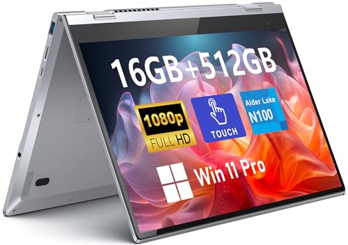 FUNYET 14 Pulgadas Yoga Portátiles 2 en 1, Procesador N100 16GB RAM 512GB SSD Win 11 PC Laptop, PC Portátil Teclado Bluetooth, rotación de 360 Grados, Pantalla táctil Notebook