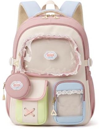 EVEOUT Söt Kawaii nylon skolryggsäck för tonårsflickor, stor kapacitet barnryggsäck, lätt fritid dagryggsäck för skola och utomhusutflykter, ROSA, Mittelgroße, Avslappnad