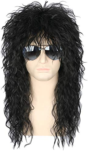 Topcosplay Herren 80er Jahre Vokuhila Perücke Rocker Punk Popstar Perücke Schwarz Lange Lockig Mullet Perücken für Halloween Kostüm Fasching Karneval