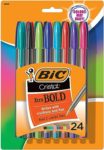 BIC Cristal Xtra Bold Ballpoint Pens, Bold Point (1.6mm) For Vivid And Dramatic Lines, Assorted Colors, 24-Count Pack, Perfect Ink Pens
