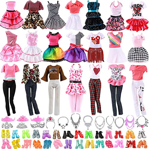 28pcs Puppenkleidungs und Zubehörset, 3 Kleider, 3 Modische Kleidungsstücke, 10 Schuhe, 12 Schmuckaccessoires, Outfits Geburtstagsgeschenke für Mädchen, für 11,5 Zoll Puppen (zufälliger Stil)