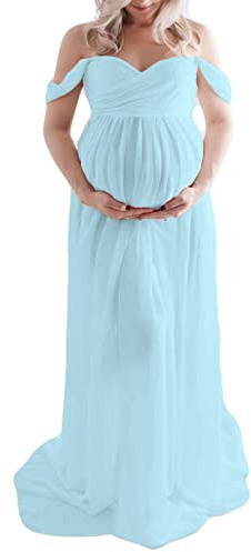 Vestido de maternidad para fotografía Color sólido Off-Shoulder Gown Front Split Long Pregnancy Dresses para sesión de fotos