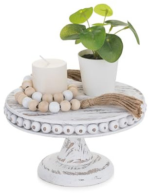 Hanobe Tortenplatte Holz Rund Fuß: Vintage Tortenständer für Display Weiß Gewaschen Klein Dekorativer mit Perlen Rand Bauernhaus Torten Ständer Tortenglocke Hoch Dekotablett 20cm