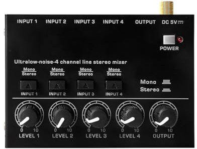 WANGCL Mixer audio a 4 canali con regolazione del volume separata e prestazioni a bassissimo rumore per microfoni, chitarre, bassi, tastiere e mixer da palco