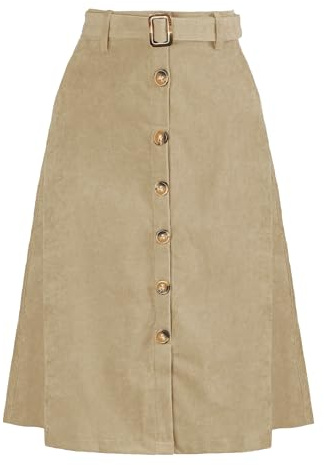 Allegra K Jupes mi-Longues Taille Haute pour Femmes Jupe trapèze boutonnée Devant en Velours côtelé Costume d'halloween Kaki L