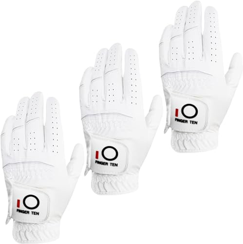 FINGER TEN All Weather Grip Golf Gloves Men Value 3 Pack for Right Handed Golfer, Comfort Soft Glove for Premium Performance, Colors White Black Blue Sizes S M L XL (White, Large, Left)