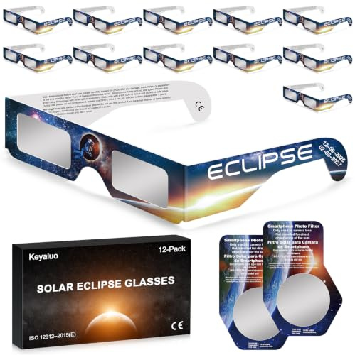 Keyaluo Gafas Eclipse Solar Homologadas,2026 paquete de 12 gafas de eclipse solar para visión directa del sol, certificado ISO 12312-2:2015(E) y CE