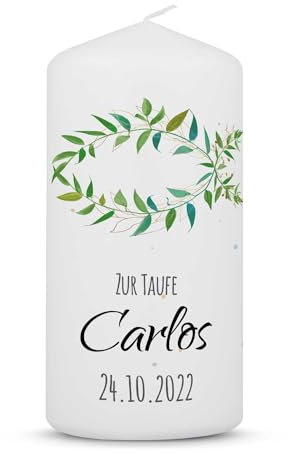 GRAVURZEILE Bedruckte Kerze - Taufkerze Eukalyptusfisch - Personalisierte Taufkerze für Mädchen & Jungen - Hochwertige Stumpenkerze - 12 cm