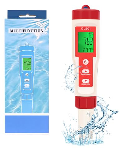 OBEST Medidor cloro y ph piscinas 5 en 1, PH Cloro ORP H2 Temperatura, probador de agua piscina,comprobador de agua portátil con pantalla LCD, para agua potable, piscina, laboratorio